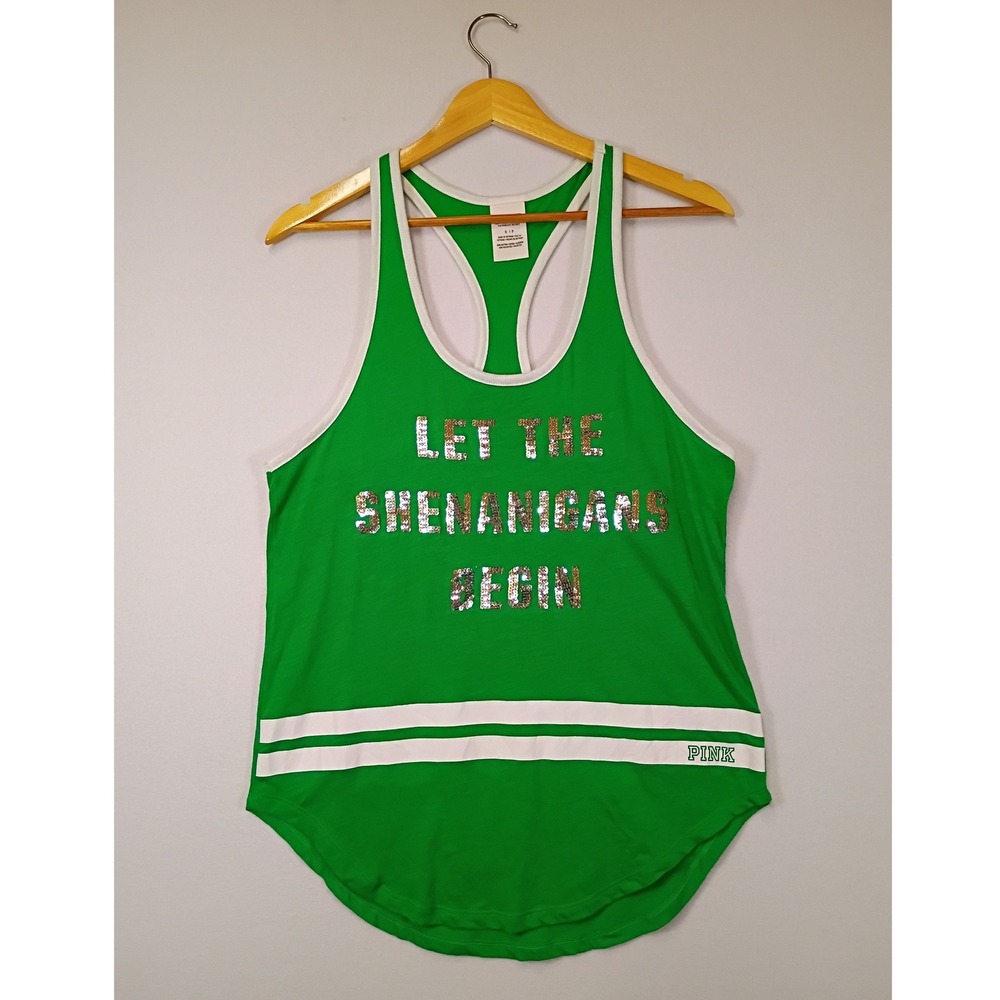 St Patricks Day PINK Victoria's Secret Womens S Green Sequin Shenanigans Tank